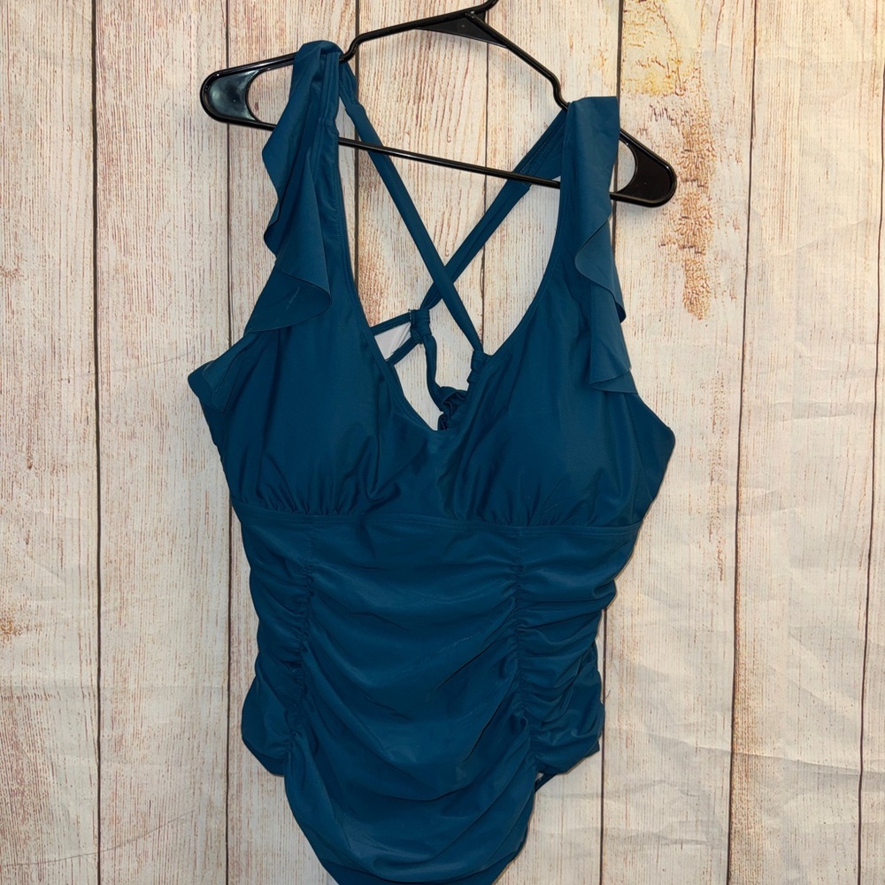 Teal Ruffle-Shoulder One-Piece Swimsuit with Crisscross Back  ruched sides 2XL​